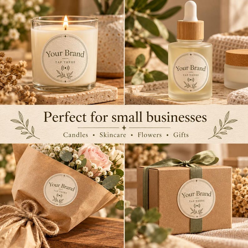 May include: Round adhesive labels featuring the text Your Brand and Tap There with a signal icon and botanical line art. These circular stickers are shown applied to a glass candle, a skincare dropper bottle, a flower bouquet, and a gift box.