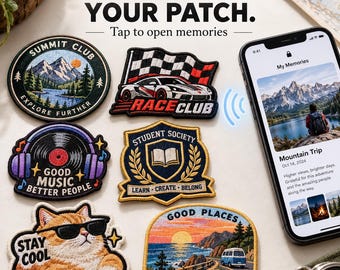May include: Six embroidered patches featuring various designs including a mountain landscape, a race car, a vinyl record with headphones, a student crest, a cat with sunglasses, and a coastal scene, displayed next to a smartphone screen.