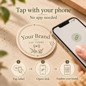May include: A round, beige NFC tag featuring the text Your Brand and Tap There with a signal icon and leaf illustration. Below, three circular icons illustrate the process: 1. Tap label, 2. Open link, 3. Explore your brand. Text reads Tap with your phone, No app needed.