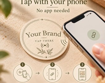 May include: A round, beige NFC tag featuring the text Your Brand and Tap There with a signal icon and leaf illustration. Below, three circular icons illustrate the process: 1. Tap label, 2. Open link, 3. Explore your brand. Text reads Tap with your phone, No app needed.