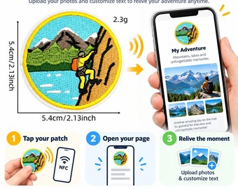 May include: A circular embroidered patch featuring a mountain climber, measuring 5.4cm by 5.4cm and weighing 2.3g. The patch connects to a smartphone displaying a webpage titled My Adventure with photos of mountains, lakes, and hiking trails.