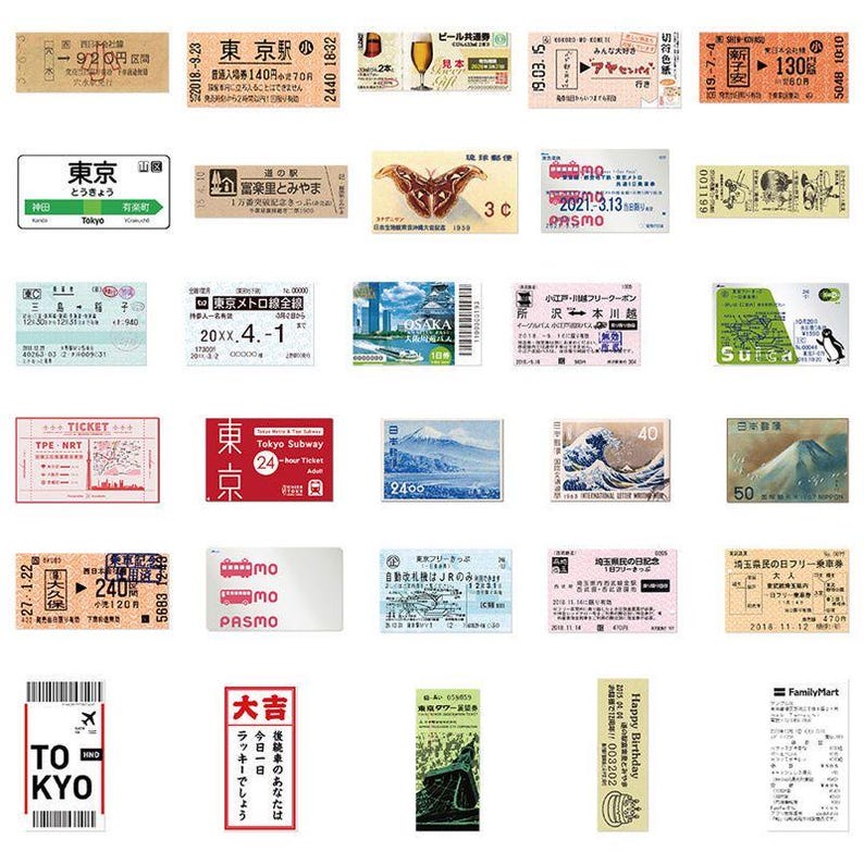 Individual Japan ticket-style sticker designs