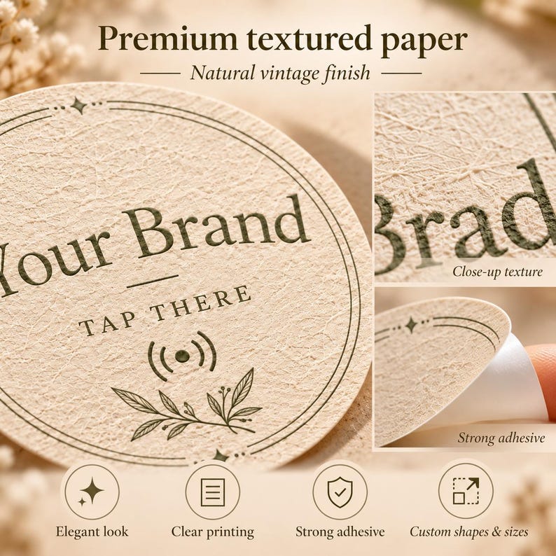 May include: A round, beige, textured paper sticker featuring the text Your Brand and TAP THERE with a wireless signal icon and leaf graphic. The sticker has a dark border, a peelable adhesive backing, and a natural vintage finish.