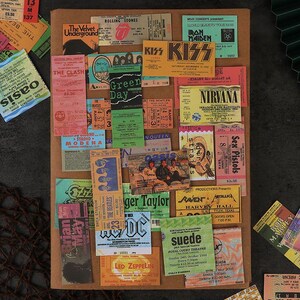 Rock ticket sticker collage on a journal