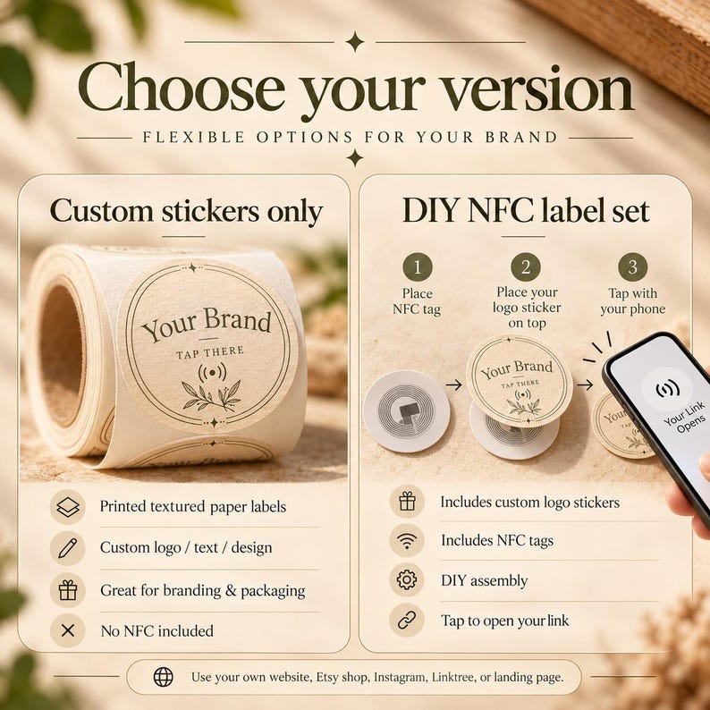 May include: A product comparison graphic showing custom stickers on a roll and a DIY NFC label set. The text reads Choose your version, Custom stickers only, and DIY NFC label set, with instructions on placing tags and tapping with a phone.