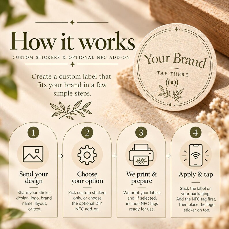May include: An instructional graphic titled How it works for custom stickers and optional NFC add-ons. It features a circular label with the text Your Brand, Tap There, and a signal icon. Four numbered steps illustrate the process: send design, choose option, print and prepare, and apply and tap.