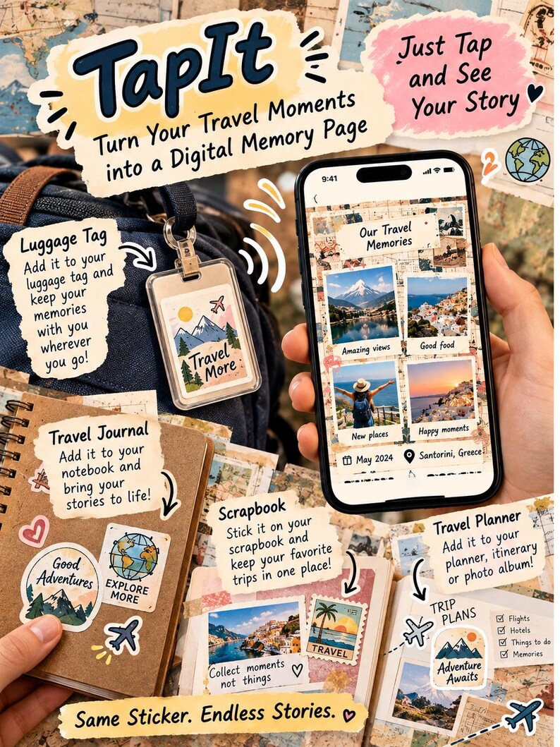 May include: A TapIt digital memory system featuring a smartphone displaying travel photos, a luggage tag with a Travel More graphic, and a travel journal with stickers. Text includes TapIt, Our Travel Memories, and Adventure Awaits.