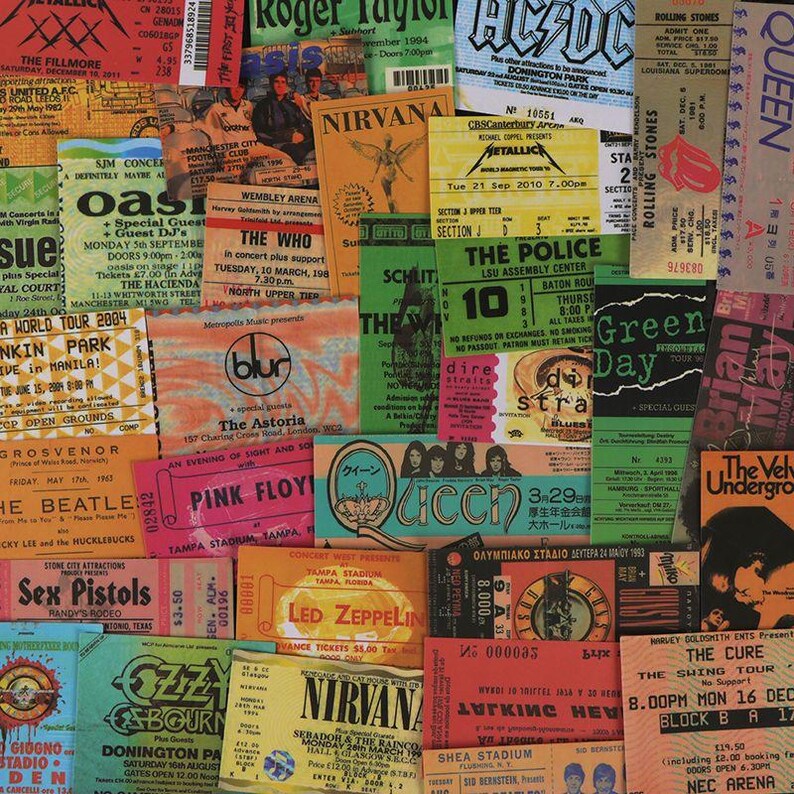 Rock concert ticket-style sticker assortment