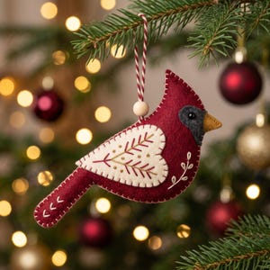 May include: A felt cardinal bird ornament in deep red with a cream-colored wing patch shaped like a heart. The wing features gold and red embroidered details. The bird has a dark gray face, a yellow beak, and hangs from a red and white string.