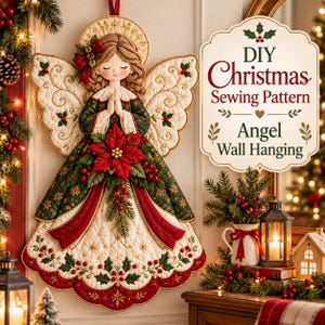 May include: A quilted fabric angel wall hanging with brown hair, a halo, and hands in prayer. The angel wears a green and cream dress decorated with red poinsettias, holly berries, and gold stitching. Text reads: DIY Christmas Sewing Pattern Angel Wall Hanging.