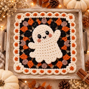 May include: A square crochet granny square featuring a central white ghost applique with black eyes and pink cheeks. The square is bordered by alternating black, orange, and light purple yarn clusters, finished with a scalloped cream edge.