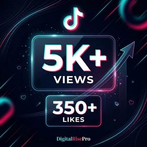 Puede incluir: Un gráfico digital con el logotipo de TikTok sobre dos marcos rectangulares. El marco superior muestra 5K+ VIEWS y el inferior 350+ LIKES en texto blanco. El fondo es negro con rayas de luz cian y magenta brillantes y una flecha hacia arriba.