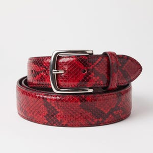 Puede incluir: Un cinturón rojo con estampado de piel de serpiente y detalles en negro. El cinturón incluye una hebilla de metal plateado con un solo perno y una trabilla roja a juego. La correa está enrollada, mostrando la textura y el extremo puntiagudo.