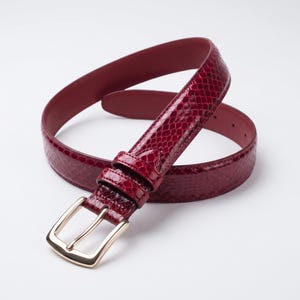Snakeskin Embossed Leather Belt, Burgundy Dress Belt, Textured Leather Belt for Men and Women, Gold Buckle Waist Belt, Luxury Gift