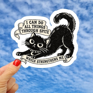 May include: A die-cut sticker featuring a black cat stretching with a spiked collar and crescent moon charm. The text reads I CAN DO ALL THINGS THROUGH SPITE WHICH STRENGTHENS ME on two cream-colored banners surrounding the cat illustration.