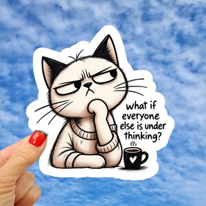 May include: A die-cut sticker featuring a cream-colored cat with a skeptical expression, resting its chin on a paw while wearing a sweater. Next to the cat is a black mug with a white heart. The text reads, what if everyone else is under thinking?