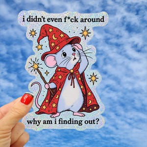 May include: A holographic sticker featuring a light blue mouse wearing a red wizard hat and cape decorated with yellow stars and moons. The mouse holds a star-tipped wand. Text reads: i didn't even f*ck around why am i finding out?