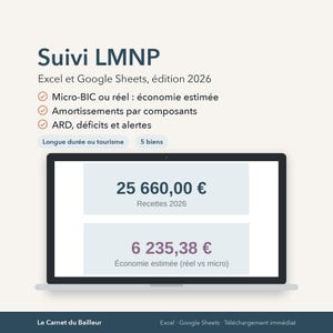 Peut inclure: Un modèle de tableur numérique pour le suivi LMNP sur Excel et Google Sheets, édition 2026. L'interface affiche des données financières dont 25 660,00 € de recettes 2026 et 6 235,38 € d'économie estimée, avec des options pour les régimes fiscaux.