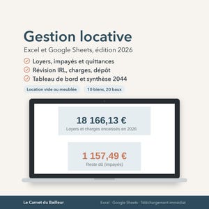 Op de afbeelding: Een digitaal verhuurbeheerprogramma voor Excel en Google Sheets, editie 2026. De interface toont huurinkomsten, openstaande bedragen en overzichten. Het bevat functies voor het bijhouden van huurcontracten, kosten en borg voor 10 panden en 20 contracten.