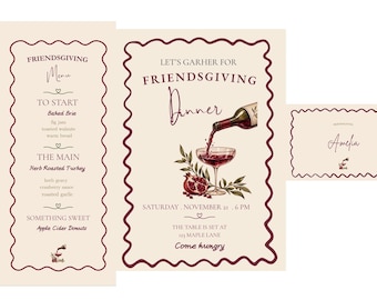 Kit modificabile per la cena del Ringraziamento e del Friendsgiving / Modelli Canva per inviti, menù e segnaposto