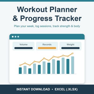 Op de afbeelding: Een digitaal spreadsheet-sjabloon voor een workoutplanner en voortgangstracker. De interface toont de tekst Workout Planner & Progress Tracker, Plan your week, log sessions, track strength & body en Instant Download • Excel (.xlsx).