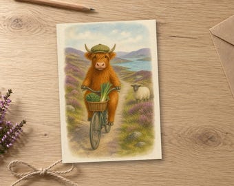 Carte d'anniversaire vache des Highlands à vélo, aquarelle écossaise (intérieur vierge)