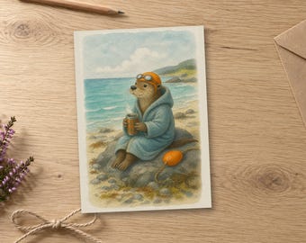 Carte Loutre après la baignade, Carte d'anniversaire sur le thème de la baignade en pleine nature, Aquarelle écossaise (Intérieur vierge)