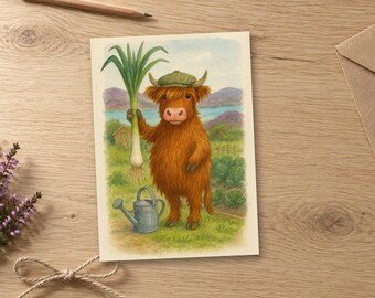 Carte d'anniversaire jardinier vache des Highlands, poireau primé, aquarelle écossaise (intérieur vierge)