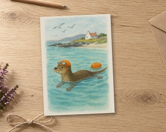 Carte d'anniversaire Loutre nageant en pleine nature, aquarelle des Hébrides (intérieur vierge)