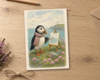 Carte d'anniversaire d'artiste peintre Puffin, aquarelle écossaise (intérieur vierge)
