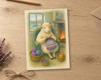 Carte d'anniversaire tricot mouton, pull Fair Isle, aquarelle écossaise (intérieur vierge)