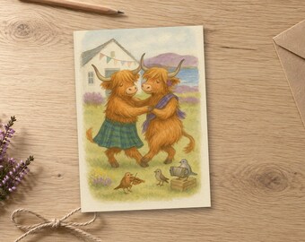 Carte d'anniversaire de vaches des Highlands dansant, couple de Ceilidh, aquarelle écossaise (intérieur vierge)