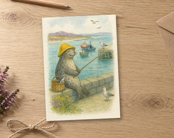 Carte d'anniversaire sur le thème de la pêche aux phoques, carte pour la fête des pères, aquarelle d'un port écossais (intérieur vierge)
