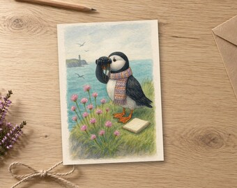 Carte d'anniversaire sur le thème de l'observation des macareux, cadeau pour ornithologue amateur, aquarelle écossaise (intérieur vierge)