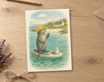Carte d'anniversaire Paddleboard avec phoques, aquarelle bord de mer écossaise, (intérieur vierge)