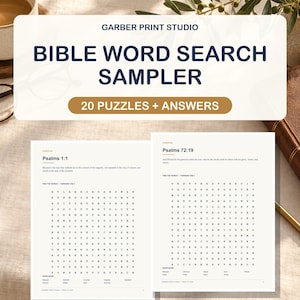 Puede incluir: Un muestrario de sopas de letras bíblicas con 20 acertijos y respuestas. El documento muestra dos páginas con el texto Garber Print Studio, Bible Word Search Sampler, 20 Puzzles + Answers, Psalms 1:1 y Psalms 72:19 con sus bancos de palabras.