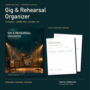 Könnte beinhalten: Ein digitaler Gig & Rehearsal Organizer von Garber Print Studio mit 16 Seiten in den Formaten Letter und A4. Das Dokument enthält ein Deckblatt mit einem Bühnenbild und Arbeitsblätter mit dem Titel Repertoire readiness.