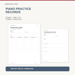 Übungsplan für Klavier, Unterrichtsziele, Repertoire und Sitzungsnotizen, ausfüllbares und druckbares PDF