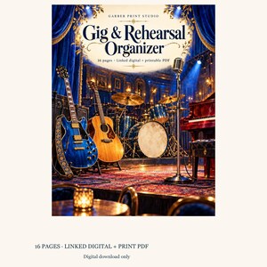 Organizador de conciertos y ensayos, 16 páginas, formato digital enlazado y PDF imprimible.