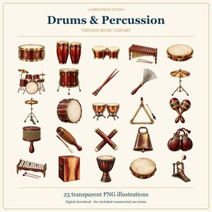 May include: A collection of 25 vintage-style percussion instrument illustrations labeled Drums & Percussion. The set includes various drums, cymbals, a xylophone, maracas, a triangle, a cowbell, castanets, a guiro, and drumsticks on a light background.