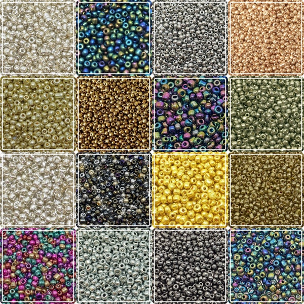 Metallic Glass Seed Beads, or Iris, 50g pack, choose colour and size: 4mm, 3mm or 2mm (6/0, 8/0 or 11/0), for jewellery-making and crafts