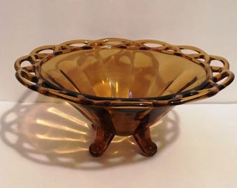 Footed Amber Bowl Pitman Dreitzer Rare 1960s Lancaster Colony