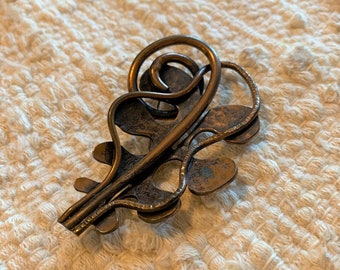 Copper Brooch Swirled Leaf Pin Mid Century