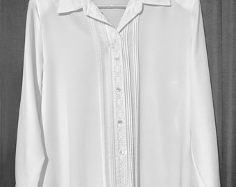 Liz Baker Women's Tailored Blouse White with Tucks and Floral Braid Size 14