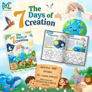May include: A Bible story and coloring book titled The 7 Days of Creation, featuring illustrations of a smiling figure, a cartoon Earth, animals, and children. The book includes pages for Day 4 and Day 5 with text and line art for coloring.
