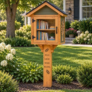 Könnte beinhalten: Ein hölzerner Bücherschrank für den Außenbereich mit Giebeldach, verglaster Tür und zwei Regalböden voller Bücher. Der Pfosten trägt den Text READ GROW SHARE BELONG mit Blatt-Symbolen, und die Seitenwand zeigt ein geschnitztes Baummotiv.