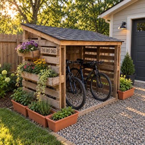 May include: A wooden bike shed with a slanted shingle roof and a sign reading THE BIKE SHED. The structure features integrated planter boxes filled with purple, yellow, and green plants. Two bicycles are parked inside the open-fronted wooden frame.