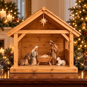 May include: A wooden nativity scene set featuring a stable structure with a hanging star. Inside, figurines of a person in a blue and tan robe, a person in a brown robe, a baby in a manger, a donkey, and a white lamb are arranged.