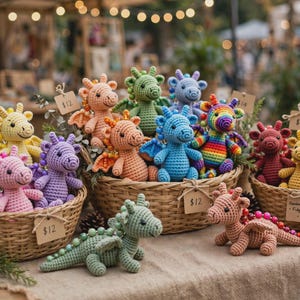 Könnte beinhalten: Eine Sammlung kleiner, handgefertigter Häkeldrachen in verschiedenen Farben wie Grün, Gelb, Rosa, Lila, Blau, Orange und Regenbogen. Die Drachen haben Schwänze mit Perlen und sind in geflochtenen Weidenkörben mit Preisschildern ausgestellt.