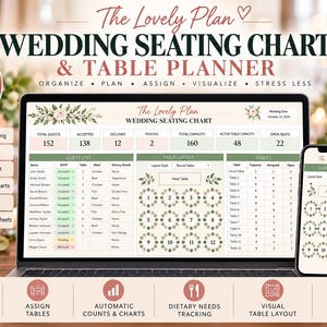 Könnte beinhalten: Ein digitaler Hochzeits-Sitzplan und Tischplaner auf einem Laptop- und Smartphone-Bildschirm. Die Benutzeroberfläche zeigt Gästelisten, RSVP-Verfolgung und interaktive Tischlayouts mit Blumenmotiven. Der Text lautet The Lovely Plan.